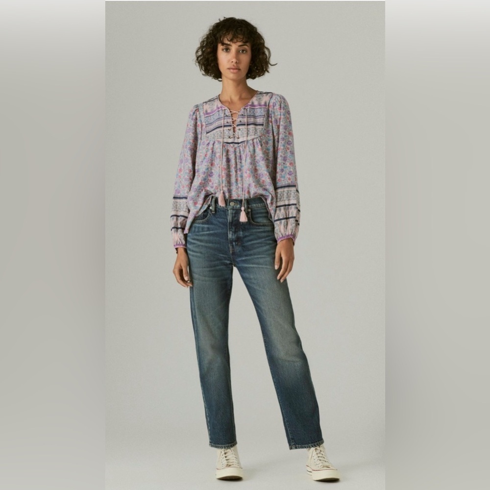 Lucky Brand Lace Up Border Print Peasant Blouse in Lilac Multi Cottagecore
